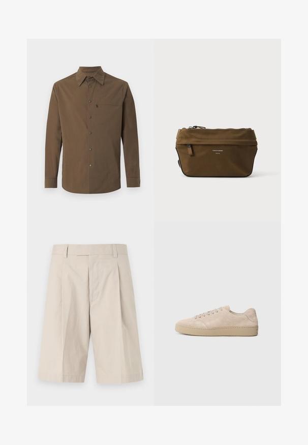 Chemise marron à manches longues avec un col classique, des boutons-pression sur le devant, et une poche poitrine zippée sur le côté gauche.; Shorts beige arrivant aux genoux avec passants pour ceinture, braguette zippée à l'avant et un pli sur chaque jambe.; Baskets en daim beige avec un bout rond, des lacets plats et une semelle en caoutchouc texturé. Design minimaliste avec des bords lisses et des coutures discrètes.; Trousse rectangulaire marron à fermeture éclair, avec petite poche avant et texte "Tiger of Sweden 1903" sur le devant.