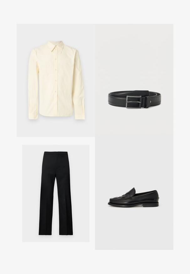 Chemise à manches longues en coton doux de couleur jaune clair. Elle présente un col pointu, une fermeture à boutons à l'avant et un détail brodé subtil sur la poitrine.; Pantalon formel noir à jambes droites, taille haute, au design épuré et minimaliste, présenté sur un fond clair uni.; Mocassin en cuir noir avec un détail tissé à l'avant, bout arrondi et petit talon. Texture lisse et design minimaliste.; Ceinturon en cuir noir texturé enroulé avec une boucle à double pointe en métal argenté et des détails de couture sur un fond blanc.