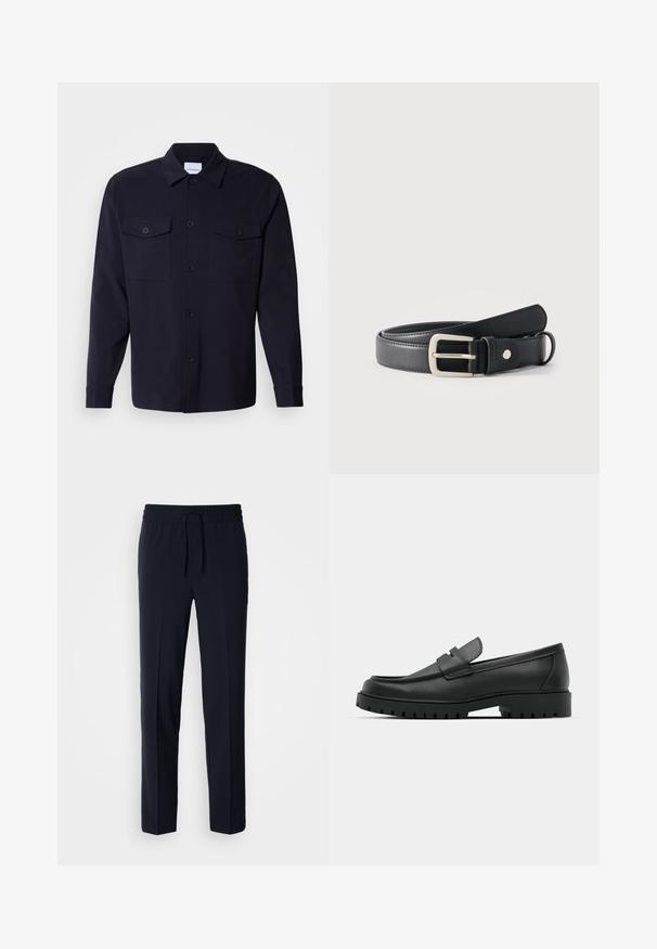 Navyblauwe overhemdenjack gemaakt van zachte stof, met twee borstzakken, een knoopsluiting aan de voorkant en lange mouwen met knoopmanchetten.; Marineblauwe, lichte broeken met een elastische tailleband en verstelbaar trekkoord, met een recht model en een gladde textuur.; Zwarte leren instappers met een ronde neus, voorzien van een gestikt ontwerp, een lage platformzool en een gestructureerde, grof rubberen buitenzool.; Zwarte leren riem met zilverkleurige rechthoekige gesp, opgerold op een effen witte achtergrond.