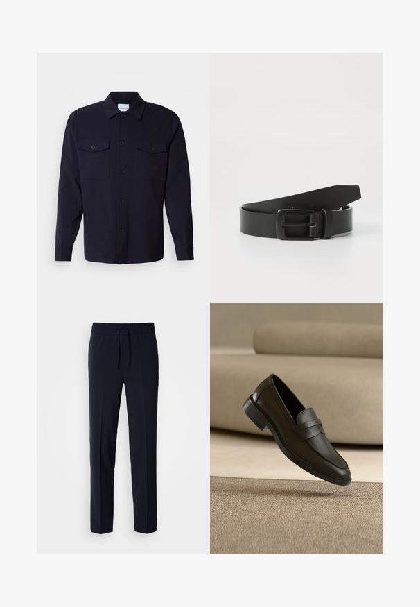 Navyblauwe overhemdenjack gemaakt van zachte stof, met twee borstzakken, een knoopsluiting aan de voorkant en lange mouwen met knoopmanchetten.; Marineblauwe, lichte broeken met een elastische tailleband en verstelbaar trekkoord, met een recht model en een gladde textuur.; Zwarte leren loafer die rust op een beige tapijt met een gebogen beige bank op de achtergrond.; Zwarte leren riem met een matte zwarte metalen gesp, met een gladde textuur en eenvoudig ontwerp. Verstelbare lengte met een taps toelopend uiteinde.