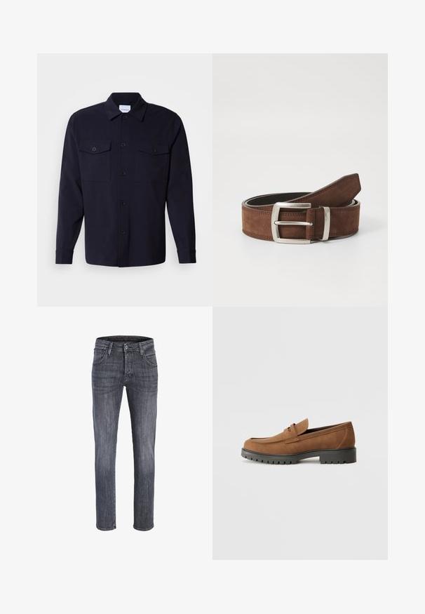 Marineblå skjortejakke lavet af blødt stof, der har to brystlommer, knaplukning foran og lange ærmer med knapmanchetter.; Herre jeans med lige ben i mørkegråt denim med forreste knap og lynlås, bæltestropper og forlommer.; Brune Suede loafers med en rund tå og en lav sort gummisål, der har et dekorativt bånd og syninger på overdelen.; Brun ruskindsbælte med en sølvmetalspænde og linær syning. Bæltet er fladt og har en klassisk bredde og form.
