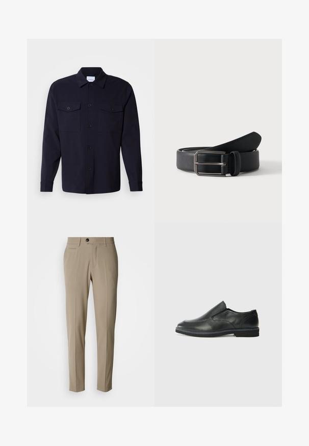 Navyblauwe overhemdenjack gemaakt van zachte stof, met twee borstzakken, een knoopsluiting aan de voorkant en lange mouwen met knoopmanchetten.; Beige op maat gemaakte broek met een vlak voorkant, zijzakken, riemlussen en een enkele zwarte knoopsluiting. Gladde stoftextuur.; Zwarte leren instapper met een soepele bovenkant, gestikte accenten, ronde neus en een lage rubberen hak. De zool heeft minimale profiel.; Zwarte leren riem opgerold met een rechthoekige zilveren metalen gesp op een effen lichte achtergrond.