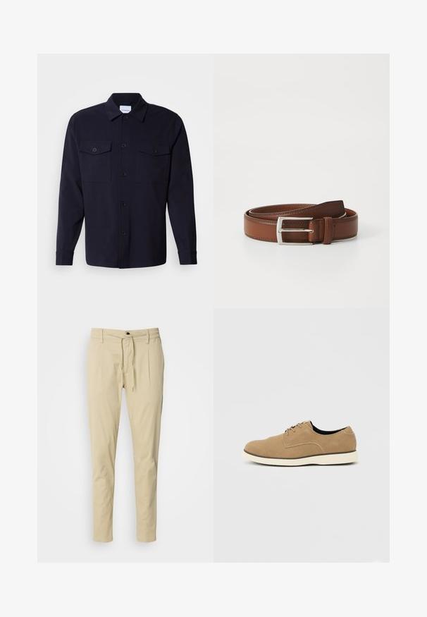 Chaqueta de camisa azul marino hecha de una tela suave, con dos bolsillos en el pecho, un frente abotonado y mangas largas con puños abotonados.; Pantalones beige de corte ajustado, hechos de una mezcla de algodón. Cintura elástica con cordón, dos pliegues frontales y patas rectas.; Zapato de gamuza marrón claro con cordones, suela blanca y corte bajo en el tobillo, mostrado de perfil sobre un fondo neutro.; Cinturón de cuero marrón con un acabado liso, que presenta una hebilla de metal plateado y costuras sutiles a lo largo de los bordes. Diseño clásico y duradero.