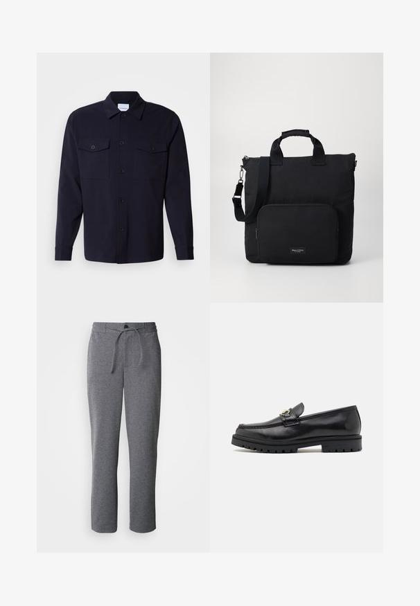 Navyblauwe overhemdenjack gemaakt van zachte stof, met twee borstzakken, een knoopsluiting aan de voorkant en lange mouwen met knoopmanchetten.; Grijze sweatpants gemaakt van zachte stof, met een trekkoord in de taille, rechte pijpen en een eenvoudig, onversierd design.; Zwarte leren instappers met een zachte afwerking, ronde neus, een decoratieve band met gouden hardware en een robuuste zwarte zool.; Zwarte nylon schoudertas met twee korte handvatten, een afneembare schouderband en een voorzak met rits. Inclusief een merklabel.