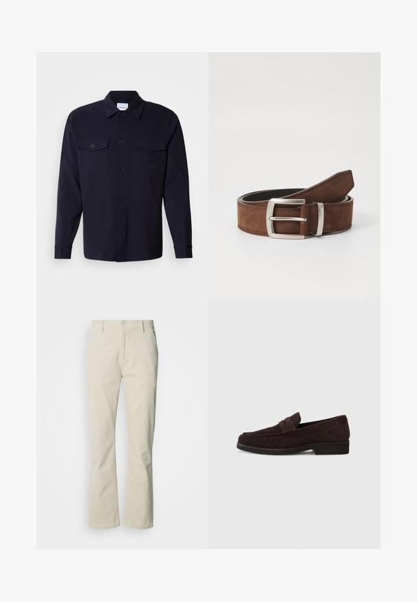Chaqueta de camisa azul marino hecha de una tela suave, con dos bolsillos en el pecho, un frente abotonado y mangas largas con puños abotonados.; Pantalones de pana beige con diseño de pierna recta, cierre frontal con botones, dos bolsillos laterales y textura suave.; Mocasines de ante marrón con un perfil bajo y punta redonda. Presentan una correa decorativa en la parte superior, suela plana de goma y sin costuras visibles.; Cinturón de ante marrón con hebilla de metal plateado y detalle de costuras lineales. El cinturón es plano y tiene un ancho y una forma clásicos.