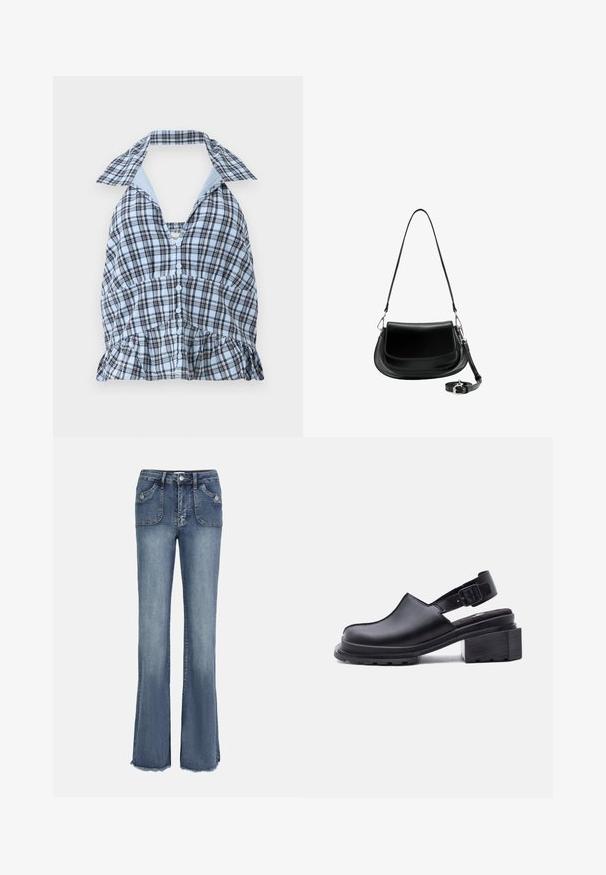 Blå og hvid ternet halterneck-top med en dyb V-udskæring, knaplukning og flæsekant. Har en kontrasterende lys blå krave.; Bredde jeans i mellemblå denim med to frontlommer, diskret syning og en flosset kant. Klassisk fem-lommers design.; Sort læder slingback-sko med lukket tå, justerbar spænde-rem, kraftig lav hæl og tekstureret sål på hvid baggrund.; Sort læder skuldertaske med klaplukning, aftagelig lang rem snoet ved bunden, og hardware i sølvfarve på en hvid baggrund.