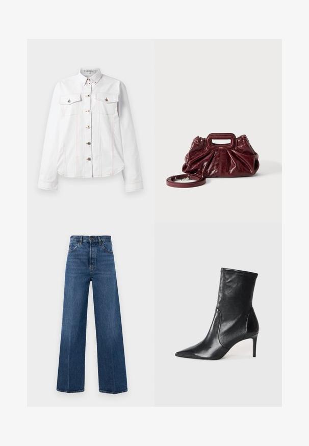 Chemise blanche à manches longues, col, deux poches poitrine, surpiqûres oranges et boutons argentés. Design épuré avec une coupe ajustée.; Jean bleu à jambes larges en denim avec taille haute, poches avant et couture contrastante. Le tissu a une texture lisse.; Bottes noires à la cheville en cuir lisse, dotées d'un bout pointu, d'un tige ajustée et d'un talon haut fin. Design minimaliste sans quincaillerie visible.; Petit sac à main en cuir rouge foncé avec texture froncée, poignée rectangulaire découpée pour la main et bandoulière détachable sur fond blanc.