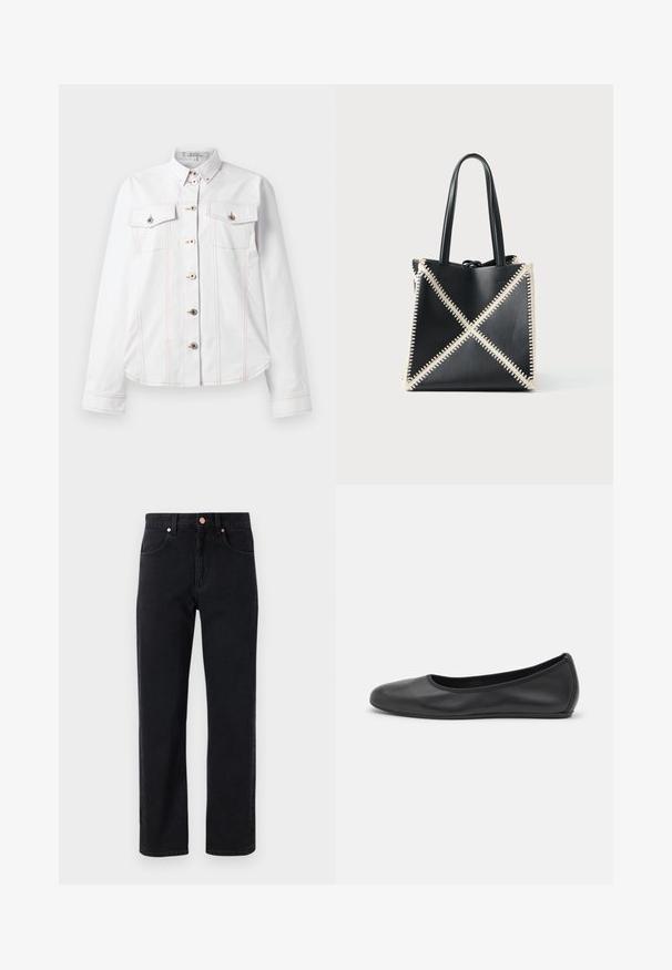 Chemise blanche à manches longues, col, deux poches poitrine, surpiqûres oranges et boutons argentés. Design épuré avec une coupe ajustée.; Jean en denim noir avec une coupe droite, design cinq poches, détails en bouton cuivré et couture minimale visible.; Ballerines en cuir noir avec un bout rond, texture lisse, détails de couture minimalistes et design de semelle flexible.; Sac fourre-tout en cuir noir avec des coutures crème formant un motif en X. Il dispose de deux poignées noires et d'une forme non structurée.