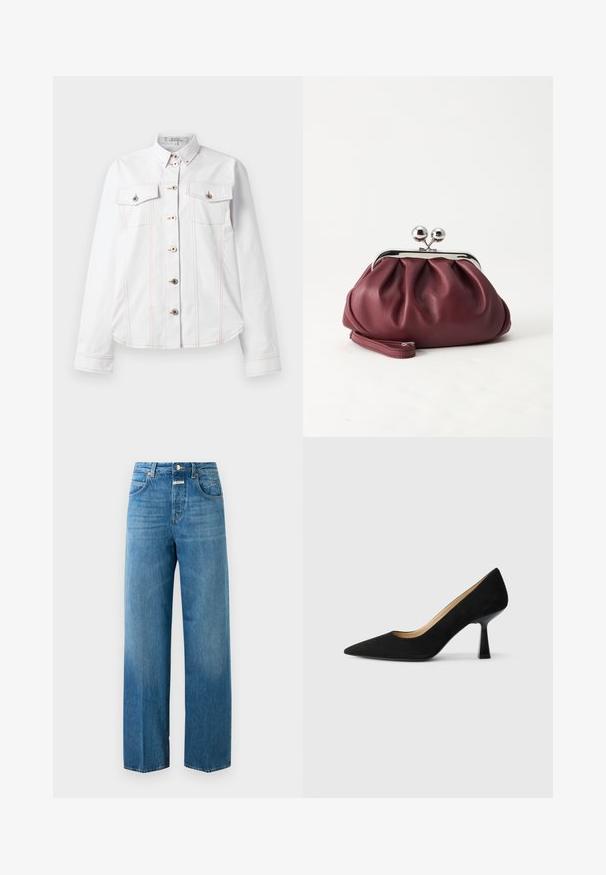 Chemise blanche à manches longues, col, deux poches poitrine, surpiqûres oranges et boutons argentés. Design épuré avec une coupe ajustée.; Jeans en denim bleu taille haute à jambe droite avec poches avant et arrière, fermeture à bouton et passants de ceinture sur un fond blanc.; Pompe à talons hauts en suède noir avec un bout pointu, dotée d'un talon bloc noir brillant et d'une doublure intérieure lisse.; Petit sac pochette en cuir bordeaux avec fermoir métallique argenté et bracelet sur fond blanc.