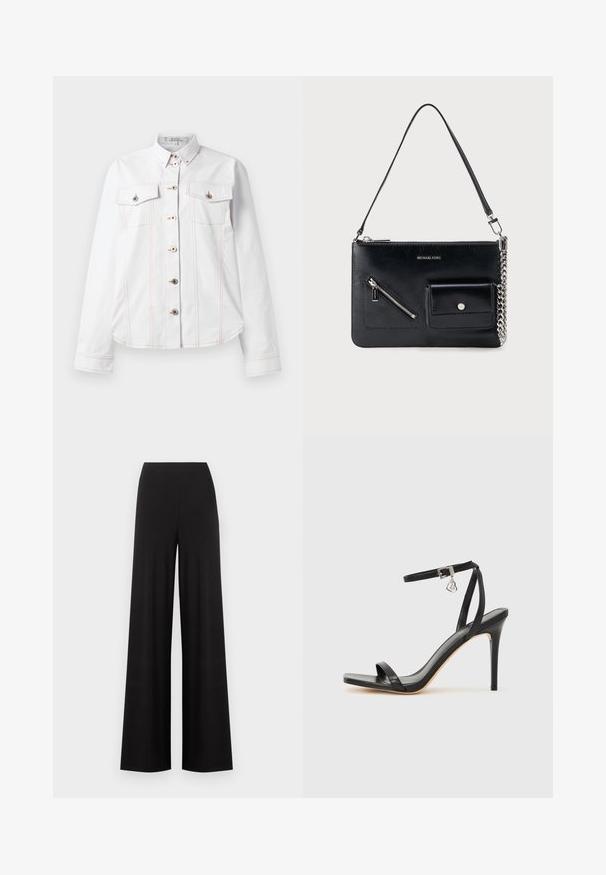 Chemise blanche à manches longues, col, deux poches poitrine, surpiqûres oranges et boutons argentés. Design épuré avec une coupe ajustée.; Pantalon noir taille haute à jambes larges avec devant lisse et sans poches ni fermetures visibles sur un fond clair.; Sandale à talon haut noire avec une bride étroite à la cheville, bout carré, cuir lisse et accent de boucle métallique.; Sac à bandoulière en cuir noir Michael Kors avec fermeture éclair supérieure, poche avant zippée en diagonale, poche à rabat avec bouton-pression et détail en chaîne argentée.