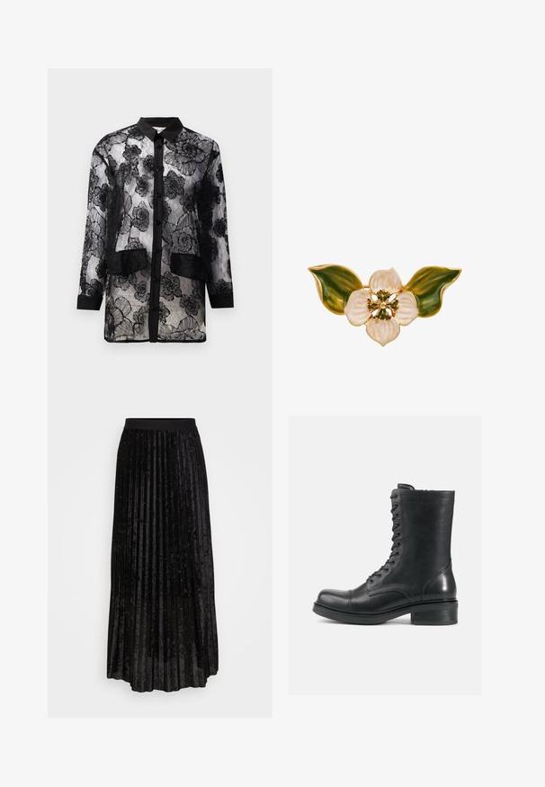 Camisa negra de encaje con bordado floral, con un frente de botones, mangas largas y dos bolsillos de parche en la cintura.; Falda negra con pliegues hecha de terciopelo, con una cinturilla suave y acentos de lentejuelas dispersos para un brillo sutil.; Botín negro de cuero con cordones, de tobillo, con puntera redonda, superficie texturizada y un tacón bajo apilado. Cuenta con 10 ojetes y costuras reforzadas.; Aguja floral en tono dorado que presenta esmalte blanco en los pétalos, hojas verdes y acentos de cuentas verdes en el centro, con un acabado brillante y una textura detallada.