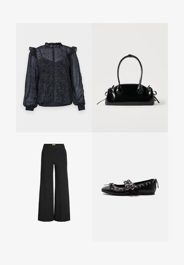 Blusa negra con un patrón moteado, material transparente, mangas abullonadas y un escote con volantes que cuenta con un cierre de botón en la parte posterior.; Pantalones negros de pierna ancha con cintura alta y detalles de costuras verticales en la parte delantera.; Zapato de ballet plano negro con correas de doble hebilla, ojales plateados y un pequeño lazo cerca de la puntera redondeada sobre un fondo blanco.; Pequeño bolso negro brillante con dos asas largas y detalles de cordón lateral sobre un fondo claro liso.