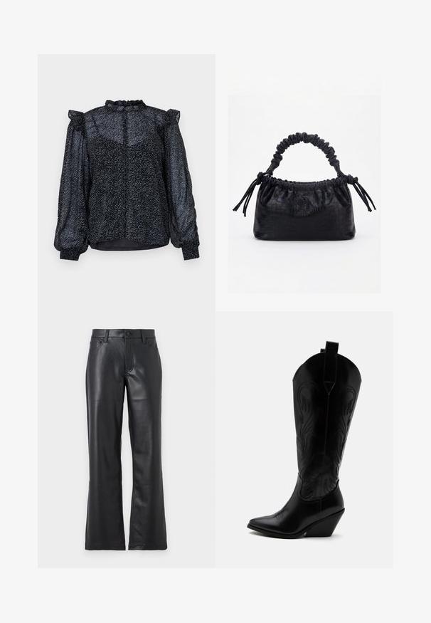 Blusa negra con un patrón moteado, material transparente, mangas abullonadas y un escote con volantes que cuenta con un cierre de botón en la parte posterior.; Pantalones de cuero negro con un diseño acampanado, que presentan bolsillos frontales, presillas para cinturón y un cierre de botón. Textura suave con costuras visibles.; Bota de vaquero de cuero negro con punta puntiaguda, tacón bloqueado inclinado, costuras decorativas y lengüetas en la parte superior sobre fondo blanco.; Bolso negro con textura de cocodrilo, borde superior fruncido, asa recogida y cordones con borlas en cada lado sobre un fondo blanco.