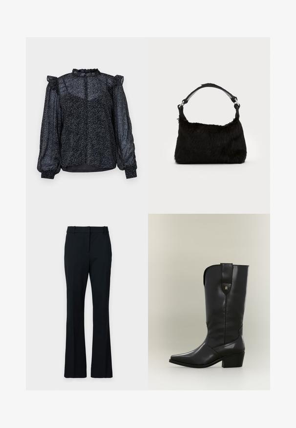 Blusa negra con un patrón moteado, material transparente, mangas abullonadas y un escote con volantes que cuenta con un cierre de botón en la parte posterior.; Pantalones de campana negros, hechos de una tela suave. Presentan un frente plano, pasadores para cinturón y un corte entallado que se ensancha gradualmente hacia el fondo.; Bota cowboy alta de cuero negro con punta puntiaguda, tacón grueso y lengüeta con un pequeño logo dorado.; Bolso de mano de piel sintética negra con una textura suave, forma redondeada y una resistente correa de cuero negro para el hombro. Acentos de herrajes plateados visibles.
