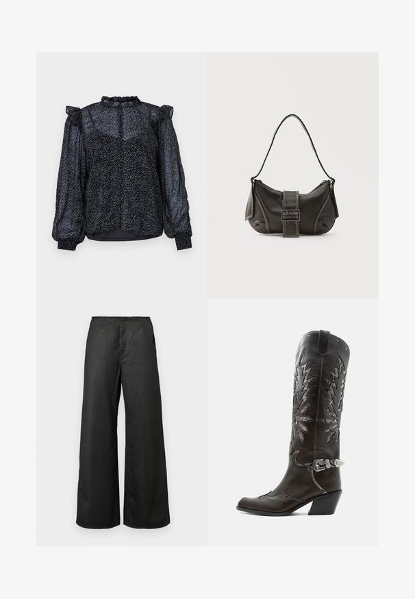 Blusa negra con un patrón moteado, material transparente, mangas abullonadas y un escote con volantes que cuenta con un cierre de botón en la parte posterior.; Pantalones de pierna ancha negros con bolsillos frontales y cintura alta, confeccionados con una tela suave, expuestos sobre un fondo claro y liso.; Bota cowboy de cuero negro con recortes decorativos, hebilla plateada y tacón inclinado, presentada sobre fondo blanco.; Bolso de hombro de cuero negro con detalle de correa con hebilla, bordes curvos y costuras blancas en contraste sobre un fondo liso.