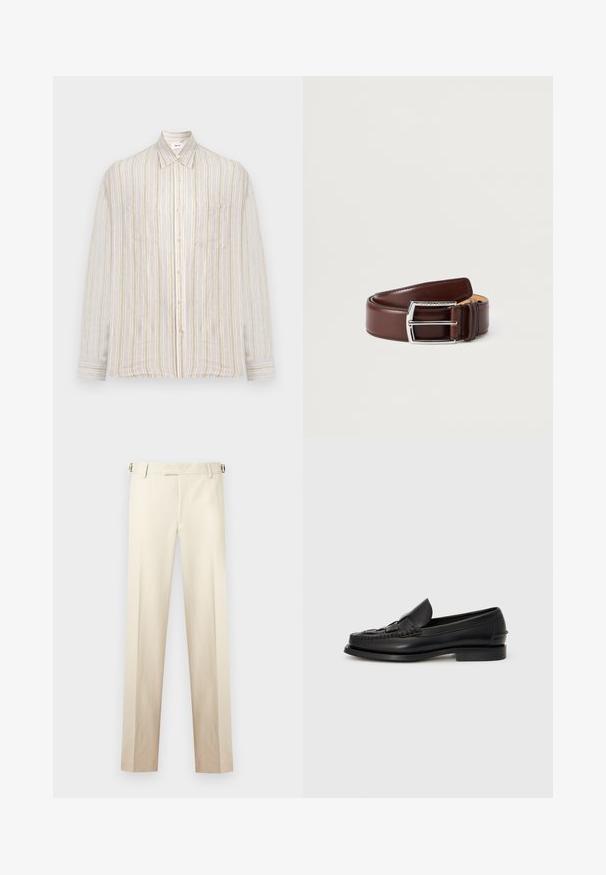 Chemise homme à manches longues avec boutons, rayures verticales beige, blanches et marron clair, et une unique poche poitrine.; Pantalon slim couleur crème avec passants de ceinture et devant plat, présenté sur un fond gris clair.; Mocassin en cuir noir avec un détail tissé à l'avant, bout arrondi et petit talon. Texture lisse et design minimaliste.; Ceinture en cuir marron avec une boucle rectangulaire en argent brillant, présentant une texture lisse et des coutures propres tout au long des bords.