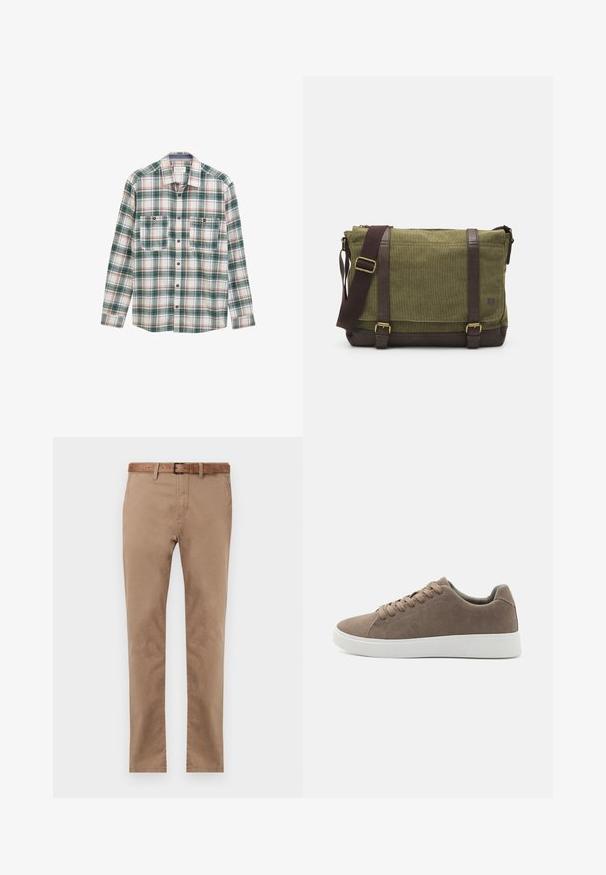 Langærmet skjorte med knapper i grøn, hvid og rød plaidmønster, to knaplukket brystlommer foran og klassisk krave.; Beige bomulds chinos med lige pasform, der har et brunt læderbælte, to forlommer og en glat tekstur.; Brune ruskinds sneakers med flade hvide gummisåler, snørelukning, rund tå og en glat overflade. Minimalistisk stil med diskrete syninger.; Grøn stof messenger taske med brune læderdetaljer, en frontklap, justerbar skulderrem og lynlåslukning på toppen. Har guld hardware.