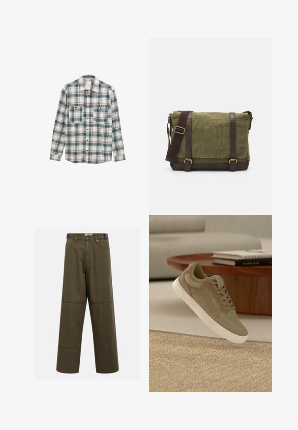 Langärmliges Button-Up-Hemd mit grün-weiß-rotem Karomuster, zwei vorderen, knöpfbaren Brusttaschen und klassischem Kragen.; Olivegrüne weite Baumwollhosen mit Knopfverschluss, Gürtelschlaufen und gesteppte Akzente. Zwei Vorder- und eine Gesäßtasche.; Beiger Freizeitschuh mit Mesh- und Velourslederdetails, weiße Sohle, schwebend über einem strukturierten beigen Teppich in einem modernen Wohnzimmer.; Grüne Stoff-Umhängetasche mit braunen Lederakzenten, einer Vorderklappe, verstellbarem Schultergurt und Reißverschlussverschluss an der Oberseite. Ausgestattet mit goldenen Beschlägen.