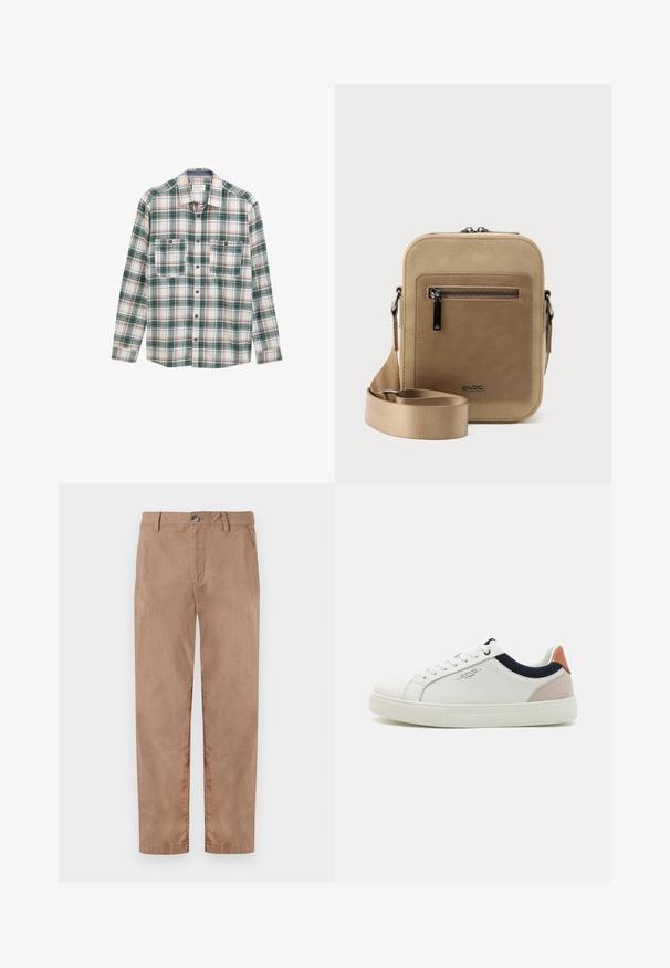 Langærmet skjorte med knapper i grøn, hvid og rød plaidmønster, to knaplukket brystlommer foran og klassisk krave.; TOM TAILOR REGULAR WASHED - Chino - caribou beige; Hvide lædersneakers med low-top design, marineblå stofdetalje på kraven og en lys lyserød suede hælflap. Gummisål.; Lille beige crossbody-taske med lynlåslomme foran, metal ALDO-logo, justerbar bred rem og rundet rektangulær form på hvid baggrund.