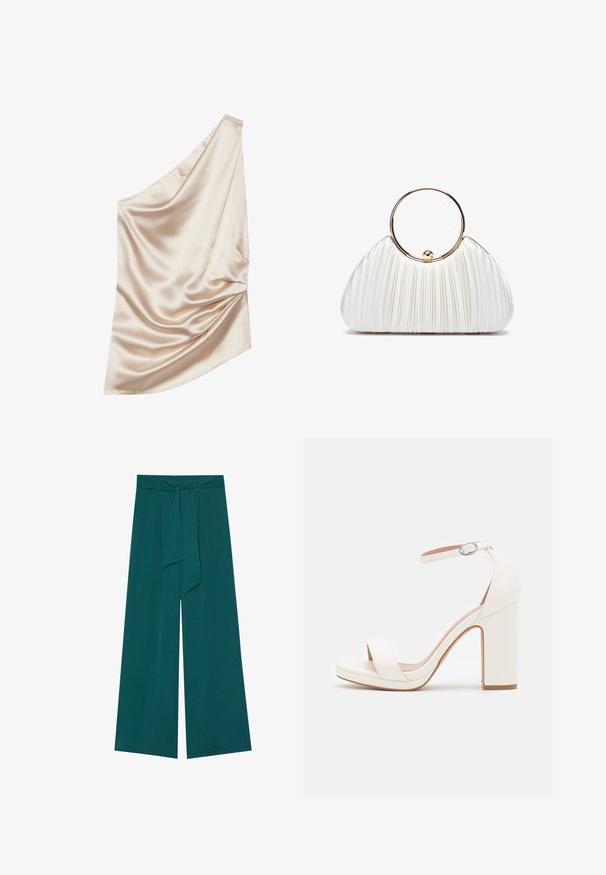 Satin stof i lyse nude farve med en one-shoulder design, der har draperet tekstur og samlet detalje på den ene side.; Viddebenede bukser i en dyb teal farve med en tekstureret finish, der har et bindebånd i taljen for justerbar pasform og en svajende silhuet.; Hvide højhælede sandaler med ankelrem, minimalistisk design, åben tå, blokhæl og glat lædertekstur.; Hvid plisseret håndtaske med et cirkulært guldhåndtag, der har blødt stof og en rund form. Elegant design med en tekstureret overflade.