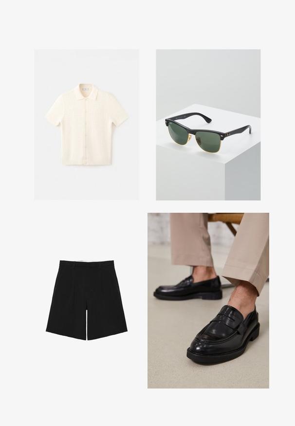Cardigan en maille crème à manches courtes avec texture gaufrée, boutonné devant et col, posé à plat sur fond blanc.; Short noir sur mesure avec passants de ceinture, plis devant et poches latérales, posé à plat sur un fond blanc.; Mocassins en cuir noir avec une finition lisse, ornés d'une sangle décorative et de coutures contrastées, associés à un pantalon beige.; Lunettes de soleil Ray-Ban avec des verres verts, monture en plastique noir et accents dorés sur les bords. Forme carrée avec une finition mate.
