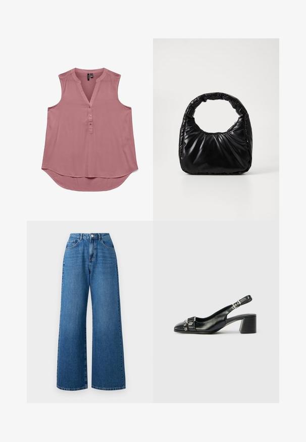 Mouwloze roze blouse van lichtgewicht stof met een V-hals en knopen aan de voorkant. Gebogen zoom voor een relaxte pasvorm, zachte textuur en eenvoudig ontwerp.; Brede blauwe denim jeans met een hoge taille, voorzien van een vijf-pocketdesign, een sluiting met een knoop aan de voorkant en subtiele vervaging op de stof.; Zwart leren slingback hak met een spitse neus, eenTextuur strap met cirkelvormige metalen accenten en een gestapelde blokhak.; Zwarte gevoerde handtas met een ronde handgreep, met een gladde, glanzende oppervlakte en een zachte, gewatteerde textuur. Geen zichtbare metalen onderdelen of accenten.
