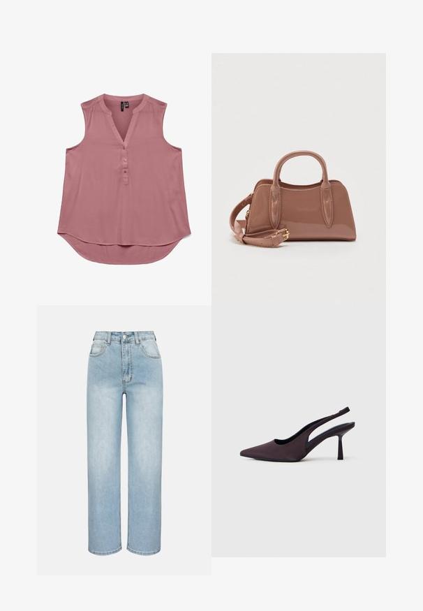 Mouwloze roze blouse van lichtgewicht stof met een V-hals en knopen aan de voorkant. Gebogen zoom voor een relaxte pasvorm, zachte textuur en eenvoudig ontwerp.; Lichtblauwe high-waist rechte jeans met voorste knoop, ritssluiting, riemlussen en een ontwerp met vijf zakken, tegen een effen achtergrond.; Slingback schoenen met hak in donkerpaarse stof. Spits toelopend ontwerp, open zijkanten en een slanke, vierkante hak. Soepele textuur.; Glanzend rozenkleurige handtas met dubbele bovenhandvatten, een afneembare schouderriem en decoratieve stikdetails. Compacte, gestructureerde vorm.