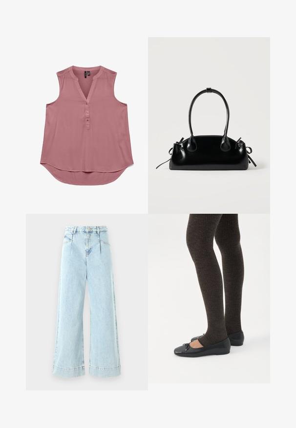 Mouwloze roze blouse van lichtgewicht stof met een V-hals en knopen aan de voorkant. Gebogen zoom voor een relaxte pasvorm, zachte textuur en eenvoudig ontwerp.; Lichtblauwe wijde jeans gemaakt van denim, met een hoge taille, voorzakken en gestikte accenten aan de zoom.; Benen met donkere geribbelde leggings gecombineerd met zwarte ballerina's met kleine strikdetails op een witte achtergrond.; Kleine zwarte glanzende handtas met twee lange hengsels en zijkant trekkoord details op een effen lichte achtergrond.