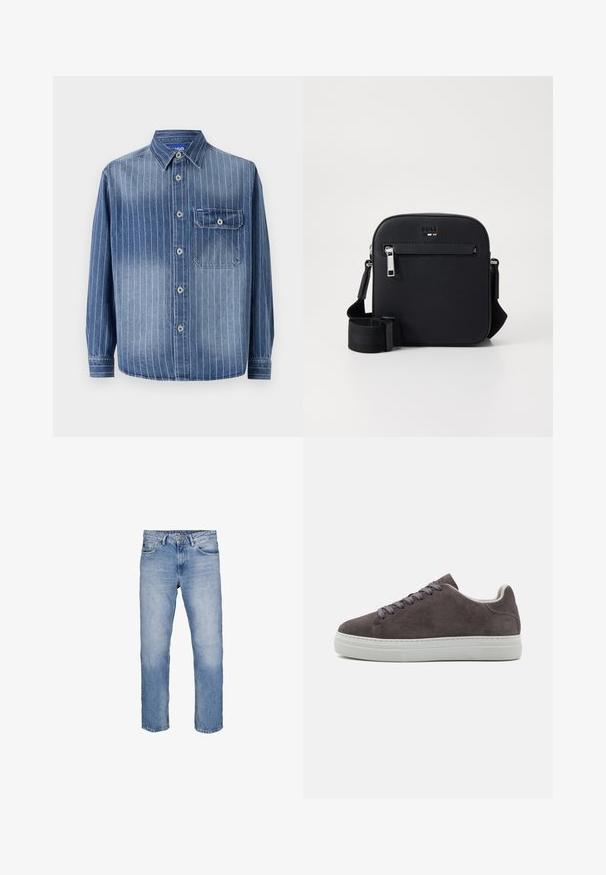 Camisa de mezclilla con rayas verticales en azul claro, cuello clásico, cierre de botones, bolsillo en el pecho izquierdo y mangas largas con puños abotonados.; Garcia MAURIZIO 682 DAD FIT - Vaqueros rectos - medium used; Zapatilla de ante gris con suela de goma blanca, puntera redonda, cierre plano con cordones y diseño minimalista.; Bolso bandolera de cuero negro con textura suave, que cuenta con un bolsillo frontal con cremallera, correa ajustable y un diseño cuadrado elegante.