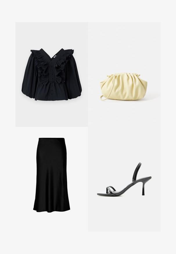 Haut noir avec décolleté en V, accents volants le long de l'encolure et manches bouffantes. Dispose d'une fermeture à boutons à l'avant. Texture de tissu lisse.; Jupe midi en satin noir au toucher lisse, avec un ourlet évasé et une taille ajustée, arborant un design simple et classique.; Sandale noire à talon haut avec fines brides au niveau des orteils et de la cheville, finition brillante et talon aiguille fin.; Sac à main plissé jaune en simili cuir lisse, arborant une forme douce avec une bandoulière unique et un design froncé sur le dessus.