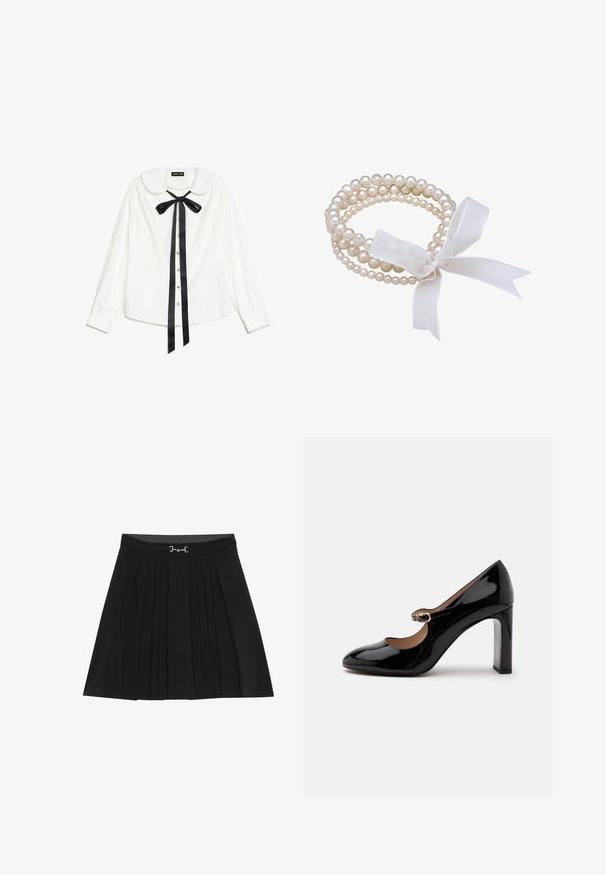 Blusa blanca de manga larga con cuello Peter Pan, lazo de satén negro en el cuello y botones de perla en la parte delantera.; Falda negra plisada con una cinturilla ajustada y detalle de hardware plateado. Fabricada con una tela suave, presenta pliegues verticales y una forma acampanada.; Zapato Mary Jane de tacón alto de charol negro con punta redondeada y una pequeña correa con hebilla sobre el empeine sobre fondo blanco.; Pulsera de perlas blancas con múltiples hilos, que presenta perlas de diferentes tamaños. Atada con un lazo de cinta blanca transparente.