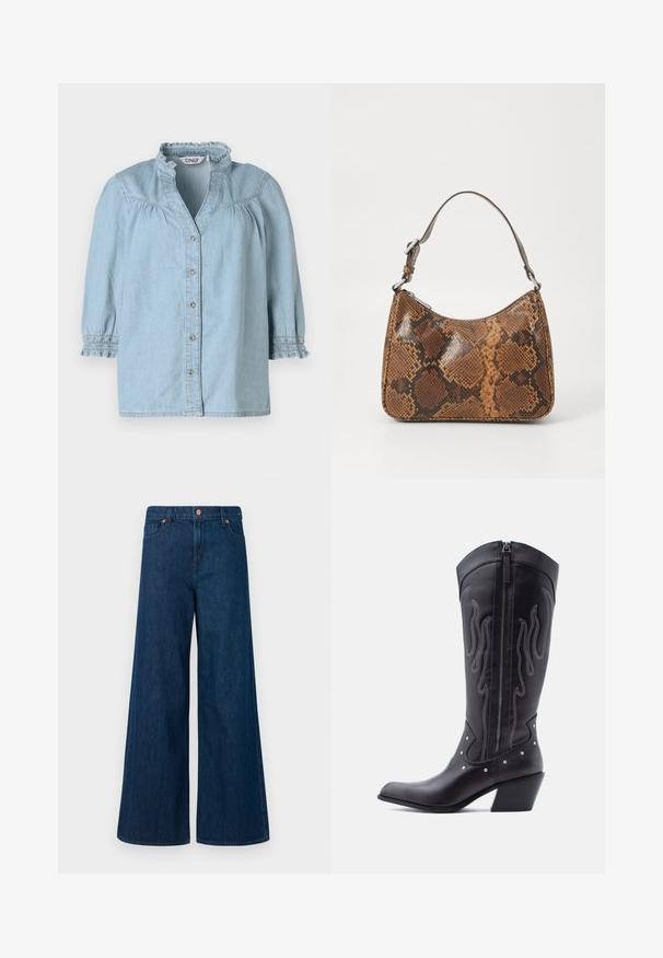 Chemise en denim bleu clair avec un col froncé, des manches bouffantes 3/4, une fermeture à boutons sur le devant et des détails smockés sur les manches.; Jeans en denim bleu à jambe large avec fermeture à bouton sur le devant, passants de ceinture et design à cinq poches sur un fond blanc.; Bottes de cow-boy en cuir noir avec bout pointu, coutures apparentes, ornements à clous argentés et fermeture éclair sur le côté intérieur.; Petit sac à main avec un motif en peau de serpent marron et noir, courroie courte et ajustable, et fermeture éclair.