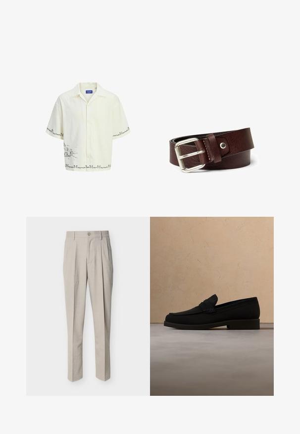 Chemise à manches courtes de couleur crème claire avec un col, arborant un motif de croquis gris sur le devant et des détails de bordure décoratifs.; Pantalon beige pour hommes, coupe ajustée, avec plis devant, passants pour ceinture, fermeture à bouton, et coupe droite, présenté sur fond blanc.; Mocassin en cuir noir flottant au-dessus d'un tapis beige avec un canapé beige en tissu en arrière-plan.; Ceinture en cuir brun avec une boucle en métal argenté. Présente une texture lisse et une forme rectangulaire classique. Agrémentée d'un seul trou.