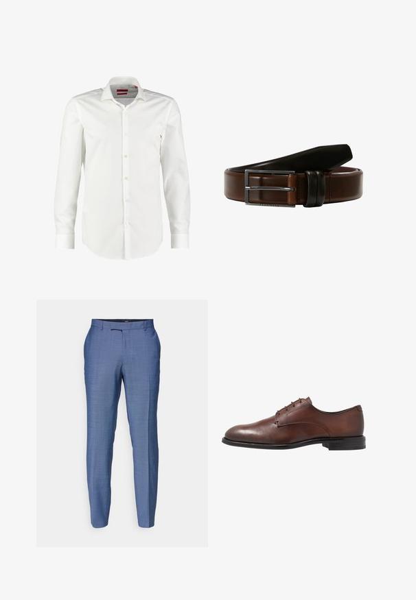 Chemise blanche à manches longues, en coton lisse. Elle présente un col classique, une patte de boutonnage épurée et des poignets à bouton.; Pantalons sur mesure bleu clair en tissu texturé. Ils présentent une taille plate, des jambes étroites, et une fermeture éclair avec un crochet.; Chaussure de ville en cuir marron avec une finition lisse, bout arrondi, quatre œillets et un petit talon en caoutchouc noir. Design simple sans motifs.; Ceinture en cuir marron avec une accent en cuir noir, dotée d'une boucle en métal argenté. Texture lisse et forme rectangulaire classique.