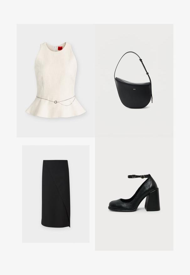 Αμάνικο λευκό τοπ με υφή και peplum, λεπτή ασημένια ζώνη-αλυσίδα με στρογγυλή αγκράφα στη μέση, τοποθετημένο σε απλό φόντο.; Μαύρη pencil φούστα μέχρι το γόνατο με ασύμμετρο εμπρόσθιο επικάλυμμα σε λευκό φόντο.; Μαύρο δερμάτινο γυναικείο παπούτσι με ψηλό τακούνι, στρογγυλεμένη μύτη και ρυθμιζόμενο λουράκι στον αστράγαλο με χρυσή αγκράφα σε απλό ανοιχτό φόντο.; Μαύρη δερμάτινη τσάντα ώμου σε σχήμα μισοφέγγαρου, με ρυθμιζόμενο λουρί και χρυσό λογότυπο "BOSS" στο κέντρο μπροστά.