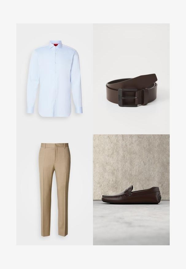 Helleblaue Langarmbluse mit Button-Down-Kragen, abgerundetem Saum und weißen Knöpfen. Glattes Material mit einem subtilen Glanz.; Beige maßgeschneiderte Hose mit strukturierter Stoffqualität, flacher Front und geraden Beinen. Verfügt über Seitentaschen und Gürtelschlaufen und bietet einen eleganten Look.; Braune Leder-Loafer mit glatter Oberfläche, Mokassinstich, erhöhtem Zehenbereich und einer flexiblen Gummisohle in niedriger Höhe.; Brauner Ledergürtel mit einer rechteckigen schwarzen Metallschnalle, die über gestickte Details an den Kanten und eine glatte Textur verfügt.