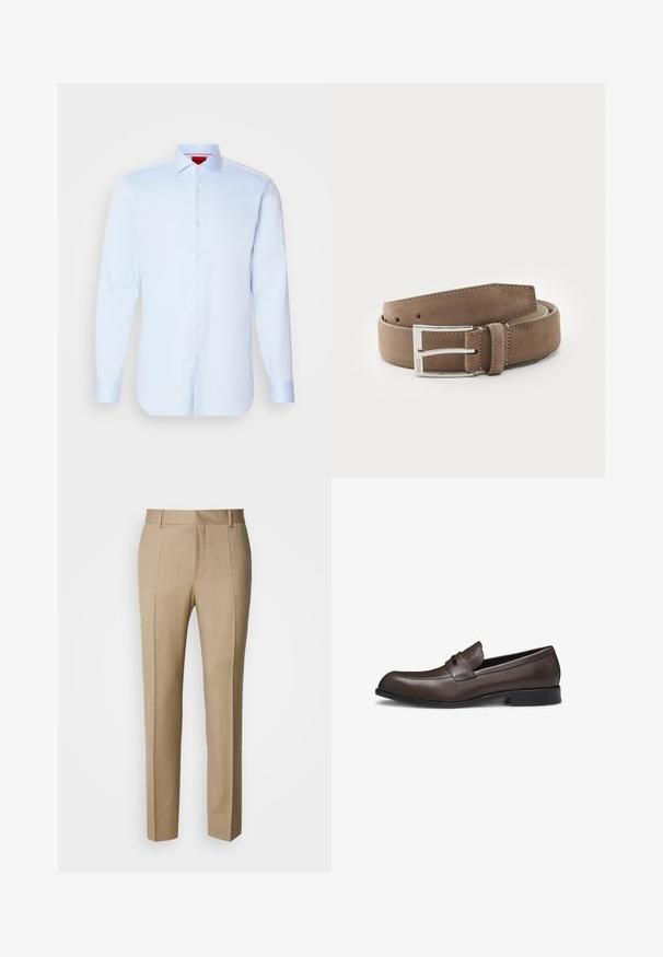 Camisa de botones de manga larga en azul claro con cuello extendido, dobladillo redondeado y botones blancos. Tejido suave con un brillo sutil.; Pantalones beige a medida con tela texturizada, corte plano y piernas rectas. Cuenta con bolsillos laterales y trabillas para cinturón, ofreciendo un aspecto pulido.; Mocasines de cuero marrón con un diseño elegante, punta redonda y una banda decorativa. Presentan una textura suave y una suela baja de goma negra.; Cinturón de ante en marrón claro con una textura suave y hebilla de metal plateado. Presenta cinco agujeros y bordes cosidos para mayor durabilidad.