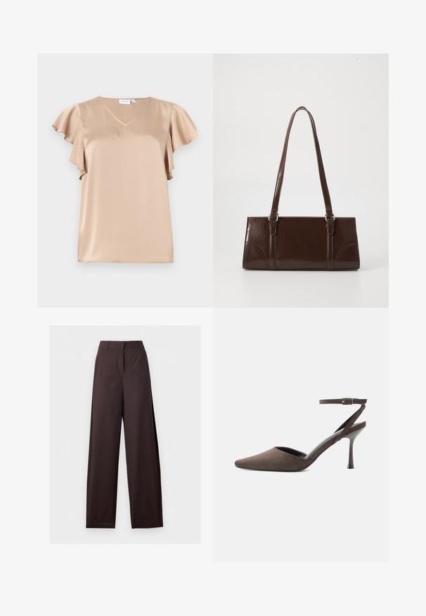 Blouse en satin beige avec manches courtes volantes et col en V, texture lisse et coupe ample.; Pantalon droit marron foncé avec passants pour ceinture, fermeture éclair à l'avant et poches latérales, présenté à plat sur un fond blanc.; Chaussure à talon haut en daim marron à bout pointu, avec une fine bride de cheville et une boucle argentée sur fond blanc.; Sac à main en cuir verni marron de forme rectangulaire, avec deux longues poignées et des accents courbés subtils à l'avant.
