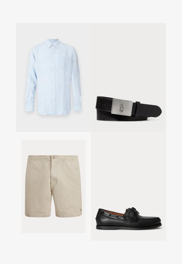 Camisa de botones a rayas azul claro con mangas largas, cuello con solapa, bolsillo en el pecho y un pequeño detalle de logo en rosa.; Pantalones cortos beige de algodón con cintura elástica, cierre de botón y un sutil detalle de logo. Textura suave, corte recto y diseño entallado.; Mocasín negro de cuero con detalle de cordones y suela baja de goma, visto de lado sobre un fondo claro y liso.; Cinturón de cuero negro con una hebilla rectangular de metal plateado que presenta un logo de jinete en relieve, textura suave y cinco agujeros.