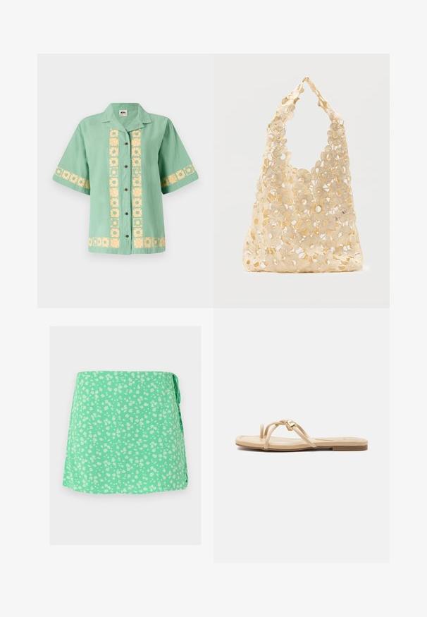 Camisa verde de manga corta con cuello, que presenta un patrón floral amarillo en el frente y las mangas. Cierre de botones uniforme. Textura suave.; Falda envolvente verde menta con pequeño estampado floral blanco y cierre con lazo lateral, mostrada plana sobre un fondo claro.; Sandalia plana beige con tiras finas y un pequeño detalle de corazón dorado en una de las tiras, mostrada en perfil lateral sobre un fondo liso.; Bolso tote beige de crochet con un patrón floral abierto, que presenta flores grandes y pequeñas y una sola asa en forma de lazo.