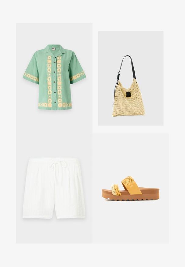 Camisa verde de manga corta con cuello, que presenta un patrón floral amarillo en el frente y las mangas. Cierre de botones uniforme. Textura suave.; Pantalones cortos blancos de algodón con cintura elástica y cordón. Presentan un patrón texturizado con rayas verticales y bolsillos laterales.; Sandalia tipo slide amarilla con dos tiras trenzadas y una suela plataforma marrón gruesa con base acanalada.; Bolso tote tejido beige con una correa de hombro negra ajustable y un adorno cuadrado negro en el centro delantero.