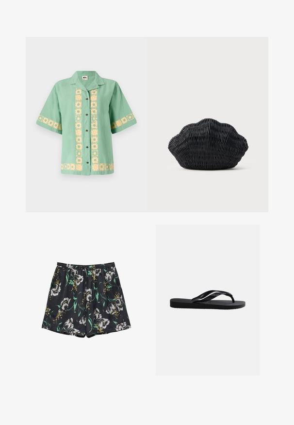 Grøn kortærmet skjorte med krave, prydet med et gult blomster mønster langs fronten og ærmerne. Ensartet knaplukning. Blød tekstur.; Sorte shorts med hvidt og gult blomsterprint og grønne blade, med elastisk talje med snøre.; Sort gummiplip-flops sandal med tekstureret sål og glatte remme, sidevisning på en ensfarvet lys grå baggrund.; Sort flet håndtaske formet som en muslingeskal med en buet top og flettet tekstur på en ensfarvet baggrund.