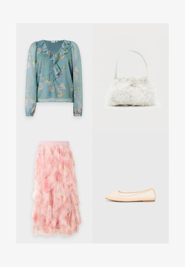 Bloemenblouse van doorschijnende lichtgroene stof; voorzien van een rimpelnek, lange mouwen en kleine multiculturele bloemenpatronen in het geheel.; Roze midi rok van gelaagde tule met bloemenpatroon en elastische tailleband, voorzien van zachte gerimpelde texturen.; Beige ballet flats met een spitse neus, platte zool en transparante mesh bovenkant. Versierd met eenvoudige stiksels langs de randen.; Kleine witte handtas met stoffen rozen die het geheel bedekken en een dunne, enkele band als handvat, op een effen achtergrond.