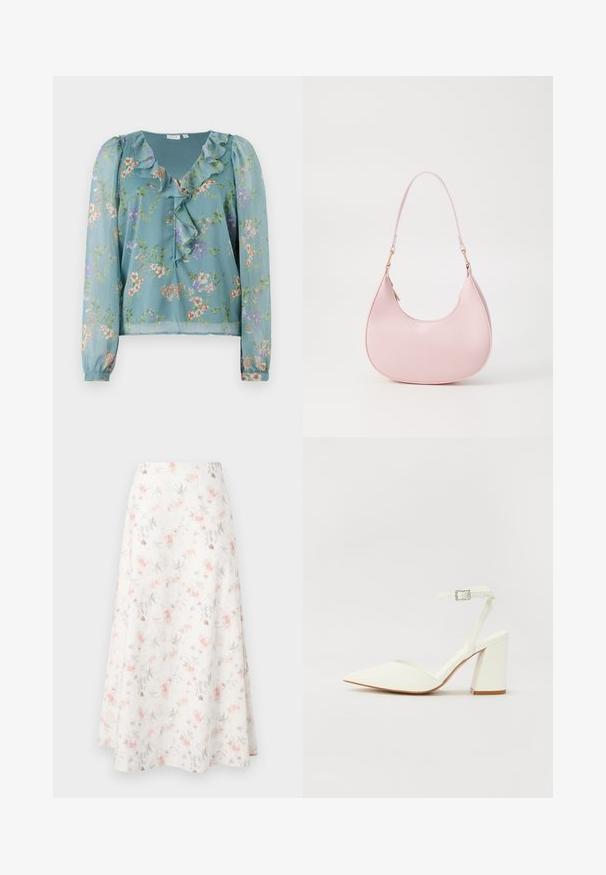 Blusa floral en tela translúcida de un suave azul verde; presenta un escote con volantes, mangas largas y pequeños patrones de flores multicolores en toda la prenda.; Falda midi floral en tejido blanco, con un estampado en acuarela de flores rosas y grises, diseño acampanado y textura suave.; Sandalia blanca de tacón con puntera afilada, correa ajustable en el tobillo y un tacón cuadrado grueso. Textura lisa con detalles de costura mínimos.; Call it Spring CELESTY - Bolso de mano - other pink