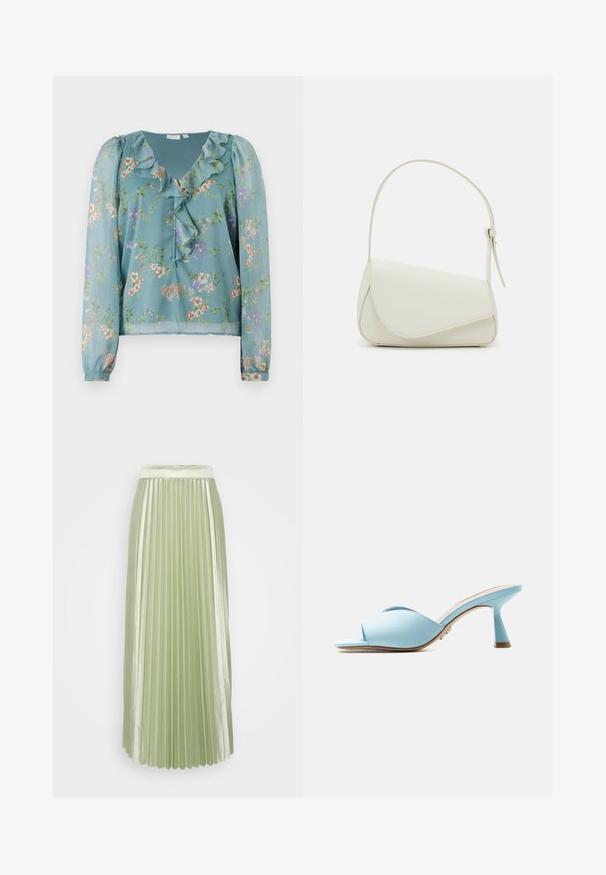 Bloemenblouse van doorschijnende lichtgroene stof; voorzien van een rimpelnek, lange mouwen en kleine multiculturele bloemenpatronen in het geheel.; Plissé rok in lichtgroene satijn met een brede tailleband en verticale plooien, die een soepel, vloeiend silhouet creëren.; Lichtblauwe open-teen mule met brede gekruiste bandjes en een uitlopende hak van gemiddelde hoogte, zijaanzicht op witte achtergrond.; Witte nepleren handtas met een gestructureerde driehoekige vorm, een enkele verstelbare schouderriem en een klep met ronde accenten.