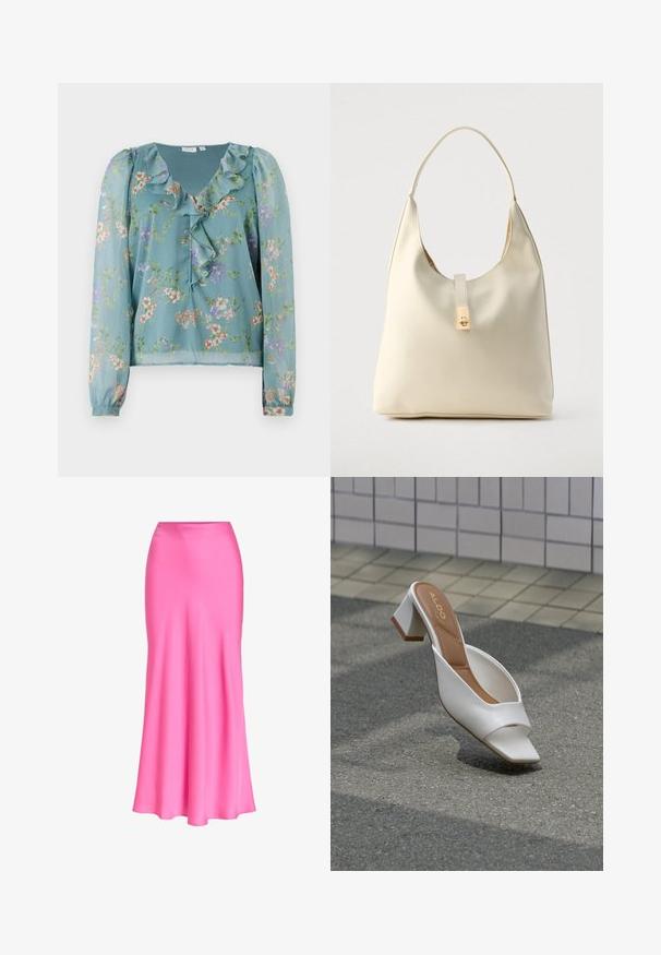 Blusa floral en tela translúcida de un suave azul verde; presenta un escote con volantes, mangas largas y pequeños patrones de flores multicolores en toda la prenda.; Falda midi de satén rosa brillante con cintura ajustada y ligero vuelo hacia el dobladillo, tela lisa y brillante, sin estampados ni adornos.; Mule blanco de punta abierta con tacón bloque y plantilla marrón con la etiqueta "ALDO", posicionado sobre asfalto con fondo de pared de azulejos.; Bolso hobo de cuero color crema con una sola correa para el hombro, textura suave y detalle de cierre metálico dorado en el frente.