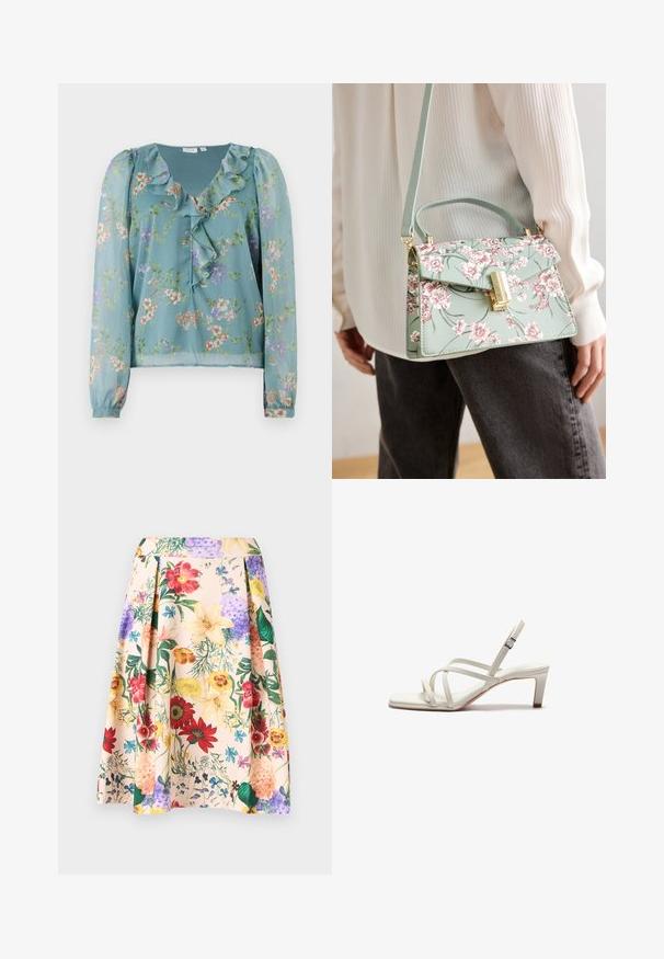 Blusa floral en tela translúcida de un suave azul verde; presenta un escote con volantes, mangas largas y pequeños patrones de flores multicolores en toda la prenda.; Falda en línea A con pliegues con grandes flores coloridas que incluyen rojo, amarillo, púrpura y azul sobre un fondo beige claro.; Zign by Zalando Tacones - off white; Bolso de mano con estampado floral en verde menta, de forma estructurada, con detalles en oro y un asa superior. El diseño presenta flores rosas y hojas verdes.