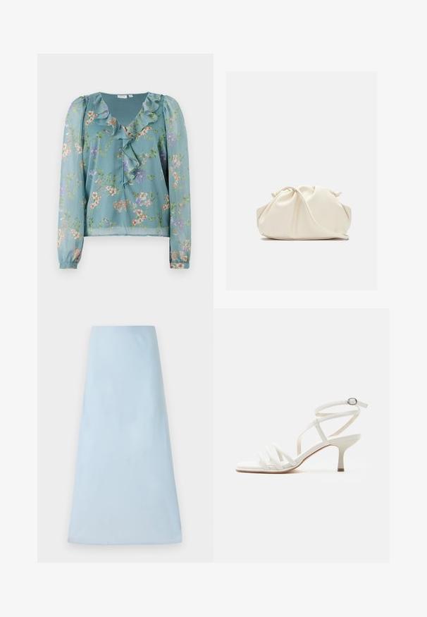 Blouse florale en tissu léger teal transparent ; présente un col froncé, des manches longues et de petits motifs de fleurs multicolores sur l'ensemble.; Jupe A-line bleu clair en tissu lisse, avec un design épuré sans motifs ni accents visibles, atteignant une longueur mi-mollet.; Sandale blanche pour femme avec talons fins, trois brides à l'avant et une sangle autour de la cheville avec une boucle argentée.; Pochette en cuir souple couleur crème avec un design froncé et une fine bandoulière reposant à l’avant sur un fond uni.