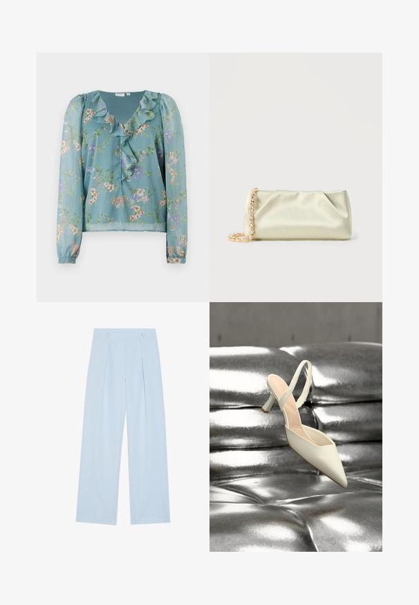 Blouse florale en tissu léger teal transparent ; présente un col froncé, des manches longues et de petits motifs de fleurs multicolores sur l'ensemble.; Pantalons larges bleu clair avec deux plis frontaux, deux boutons à la taille et une texture de tissu lisse.; Chaussure à talon haut blanche à bout pointu et bride arrière reposant sur une surface capitonnée argent métallique brillante.; Pochette en satin vert clair avec une bandoulière chaîne en or et cristaux, forme rectangulaire avec des plis doux sur un fond uni.