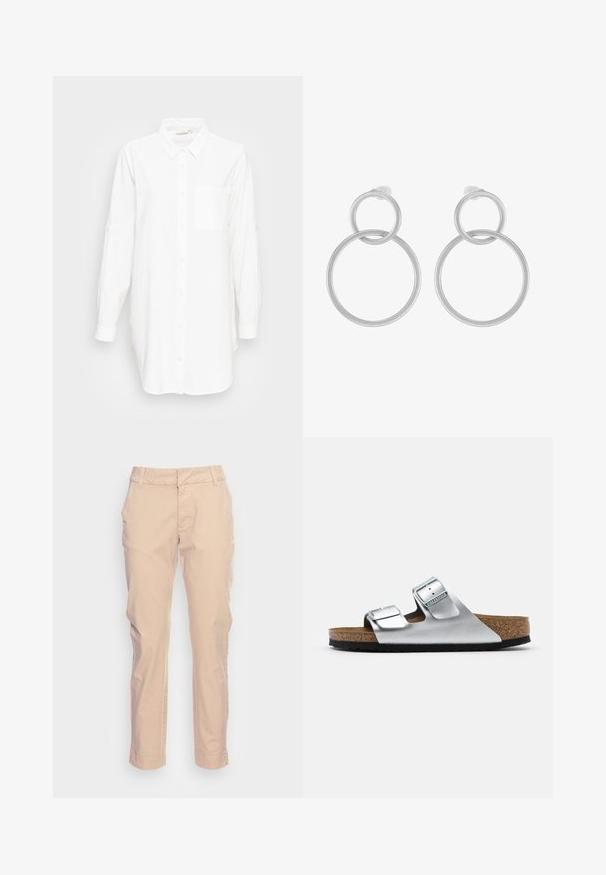 Chemise blanche à manches longues avec col et poche poitrine, présentée sur un fond gris clair uni.; Pantalons en coton beige clair avec une coupe droite, poches avant, passants de ceinture et une texture lisse, présentant des détails de couture subtils.; Sandale en cuir argenté avec deux boucles réglables, semelle en liège et semelle en caoutchouc noir texturé. Design ouvert à l'avant avec des bords doux.; Boucles d'oreilles en métal argenté présentant deux cercles entrelacés, un plus grand et un plus petit, avec une finition brossée et des fermoirs à poussoir.